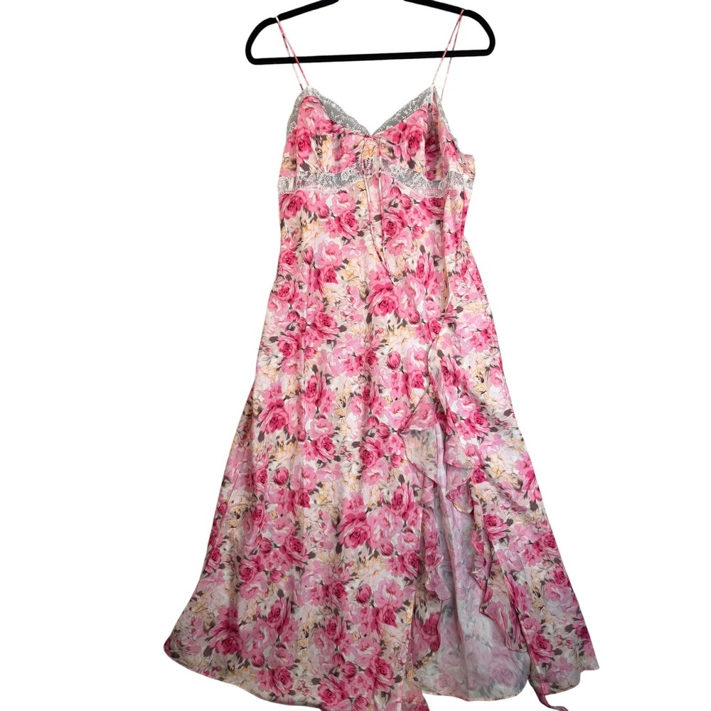 Pink Floral Lace Trim Maxi Dress Ruffle Slit Spaghetti Strap V-Neck Sleeveless